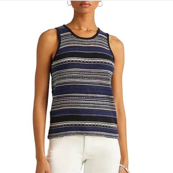 Lauren Ralph Lauren Striped Jewel Neck Sleeveless Sweater Top. - Picture 1 of 12